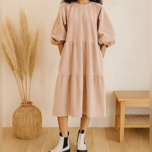 Everlane Petal Pink Corduroy Tiered Puff Sleeve Boho Cotton Midi Dress